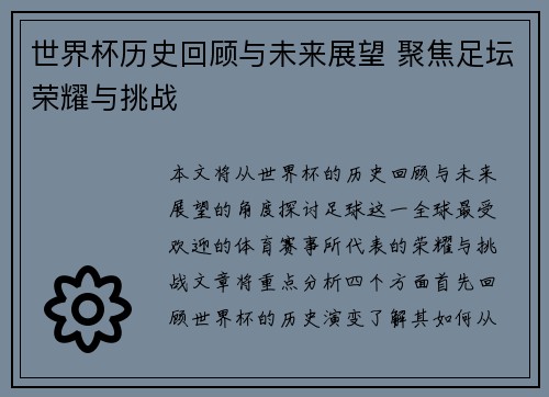 世界杯历史回顾与未来展望 聚焦足坛荣耀与挑战